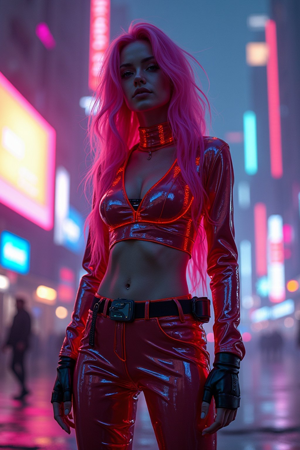 cyberpunk woman with futuristic cyberpunk neon clothes standing in cyberpunk city with neon lights city on Mars in future, neon billboards, skyscrapers