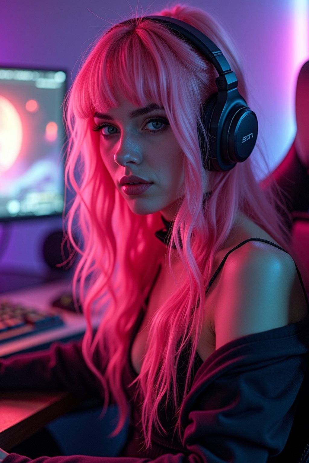 amazingly detailed woman, masterpiece, ultra hd, full shot, dynamic angle, beautiful girl, computer gamer, gaming computer, gaming chair, playing cyberpunk 2077, neon bedroom, streamer setup, , cyberpunk theme, wild long hair, Wavy Cut with Curtain Bangs, bubblegum pink hair, high detail hair, smokey eye shadow, high detail skin, high detail eyes, seductive eyes, smokey makeup