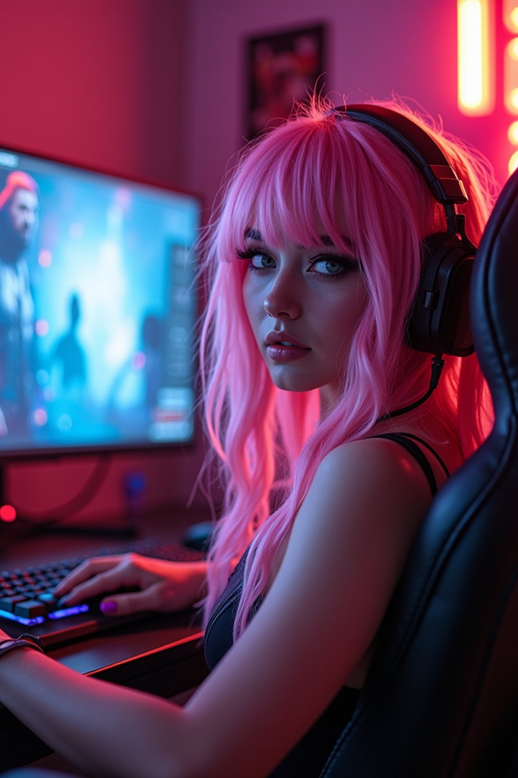 amazingly detailed woman, masterpiece, ultra hd, full shot, dynamic angle, beautiful girl, computer gamer, gaming computer, gaming chair, playing cyberpunk 2077, neon bedroom, streamer setup, , cyberpunk theme, wild long hair, Wavy Cut with Curtain Bangs, bubblegum pink hair, high detail hair, smokey eye shadow, high detail skin, high detail eyes, seductive eyes, smokey makeup