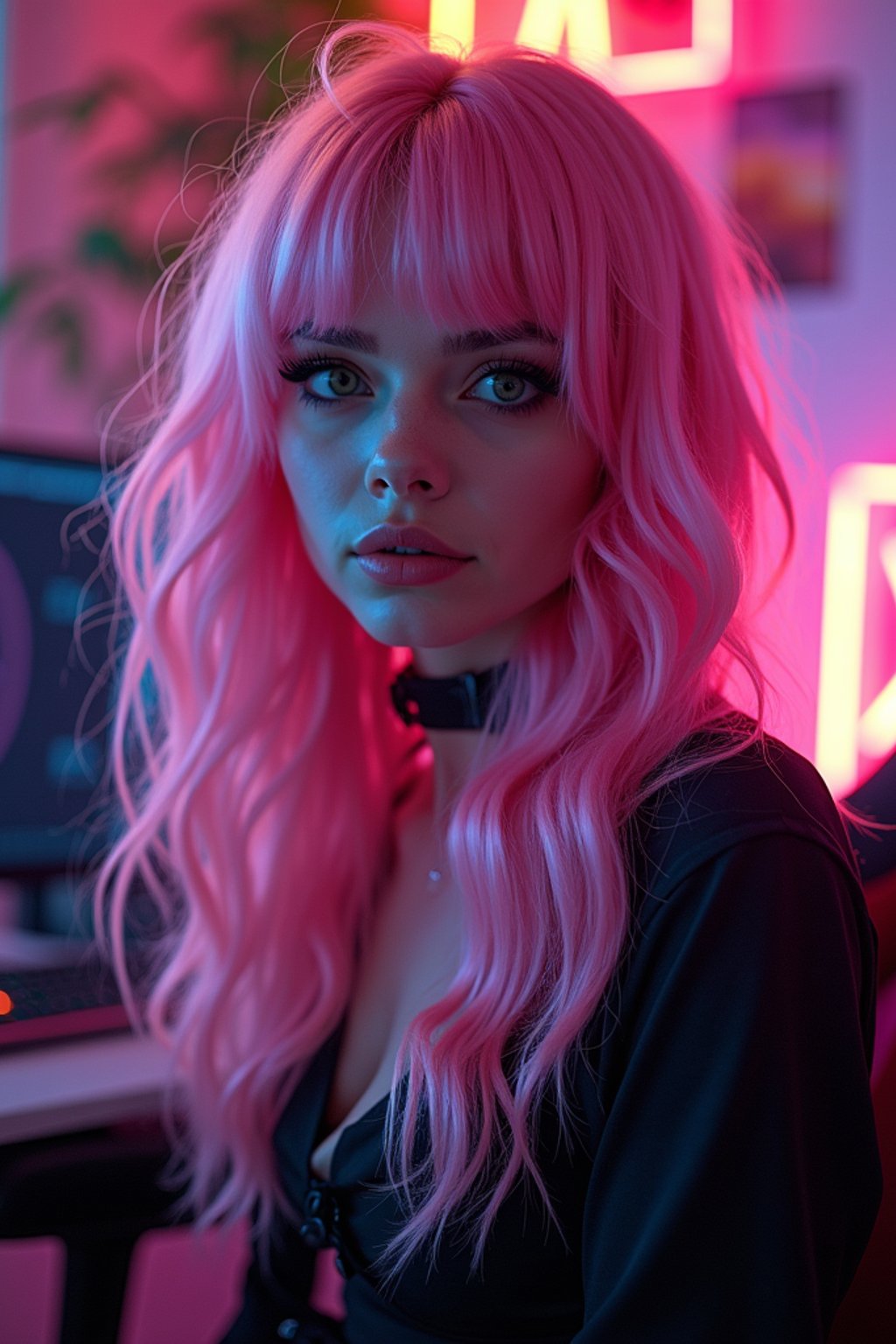 amazingly detailed woman, masterpiece, ultra hd, full shot, dynamic angle, beautiful girl, computer gamer, gaming computer, gaming chair, playing cyberpunk 2077, neon bedroom, streamer setup, , cyberpunk theme, wild long hair, Wavy Cut with Curtain Bangs, bubblegum pink hair, high detail hair, smokey eye shadow, high detail skin, high detail eyes, seductive eyes, smokey makeup