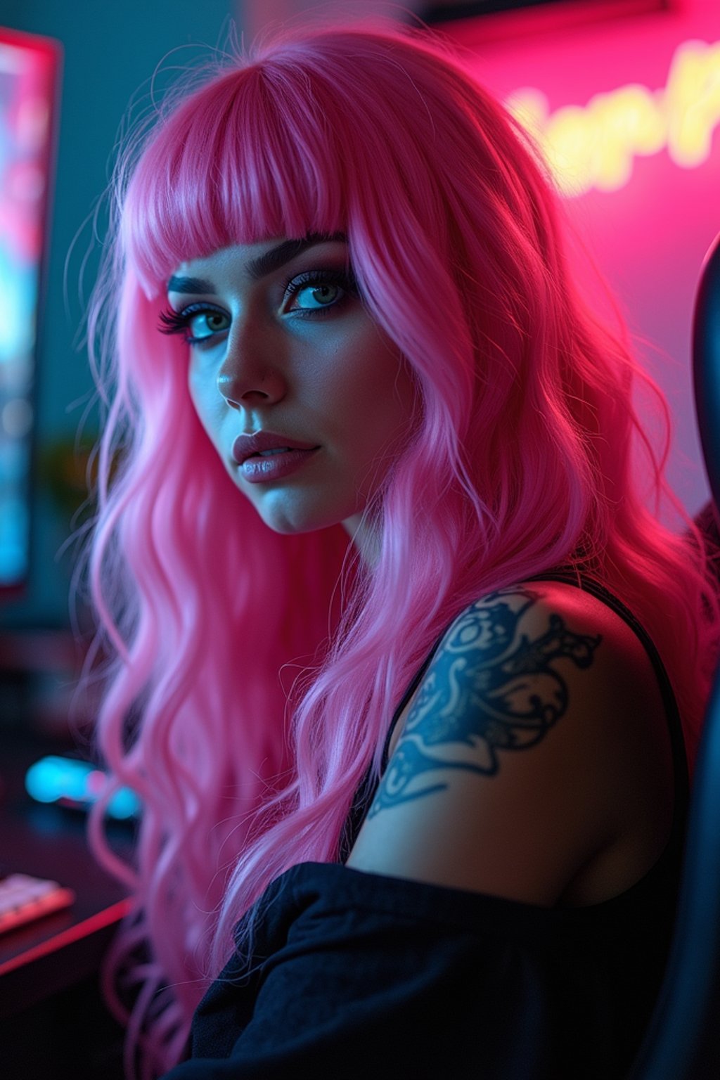 amazingly detailed woman, masterpiece, ultra hd, full shot, dynamic angle, beautiful girl, computer gamer, gaming computer, gaming chair, playing cyberpunk 2077, neon bedroom, streamer setup, , cyberpunk theme, wild long hair, Wavy Cut with Curtain Bangs, bubblegum pink hair, high detail hair, smokey eye shadow, high detail skin, high detail eyes, seductive eyes, smokey makeup