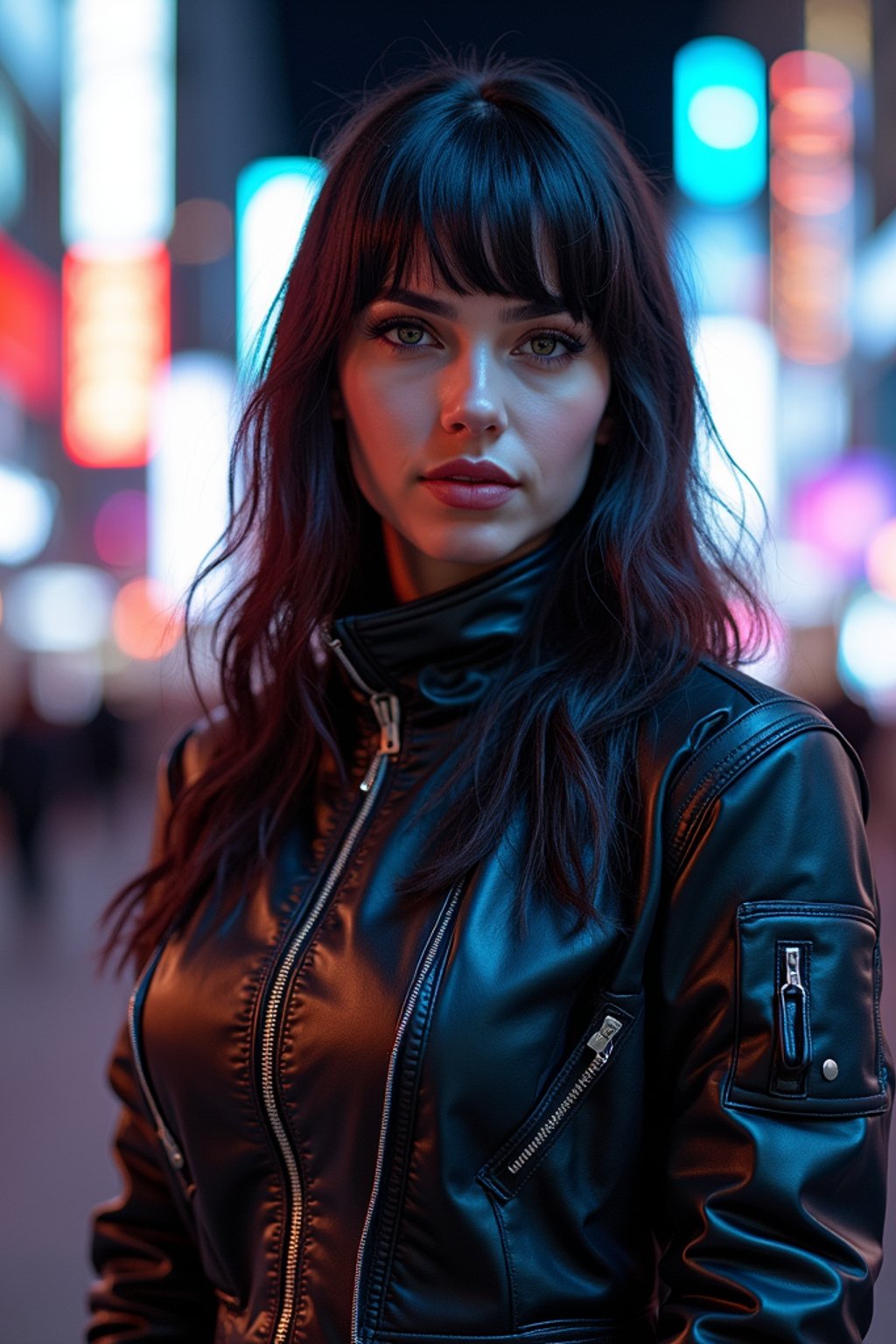 cosplayer woman in a cyberpunk outfit, posing against the backdrop of bright city lights