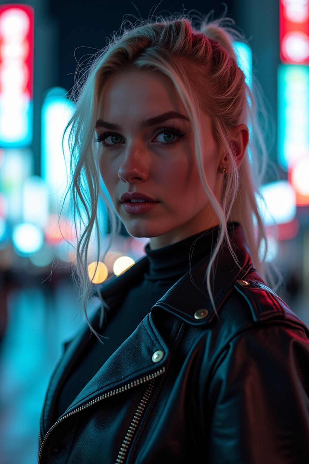 cosplayer woman in a cyberpunk outfit, posing against the backdrop of bright city lights