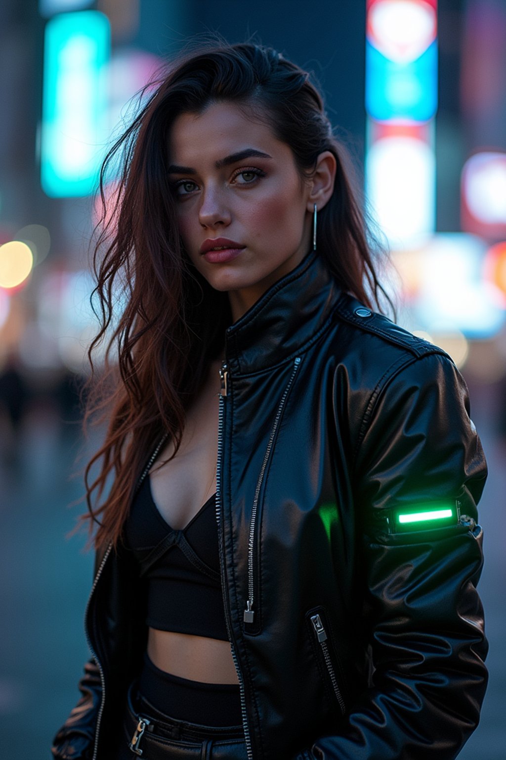 cosplayer woman in a cyberpunk outfit, posing against the backdrop of bright city lights