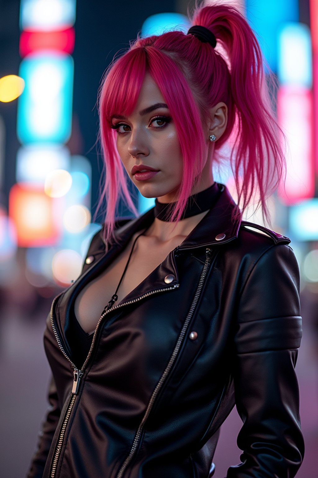 cosplayer woman in a cyberpunk outfit, posing against the backdrop of bright city lights