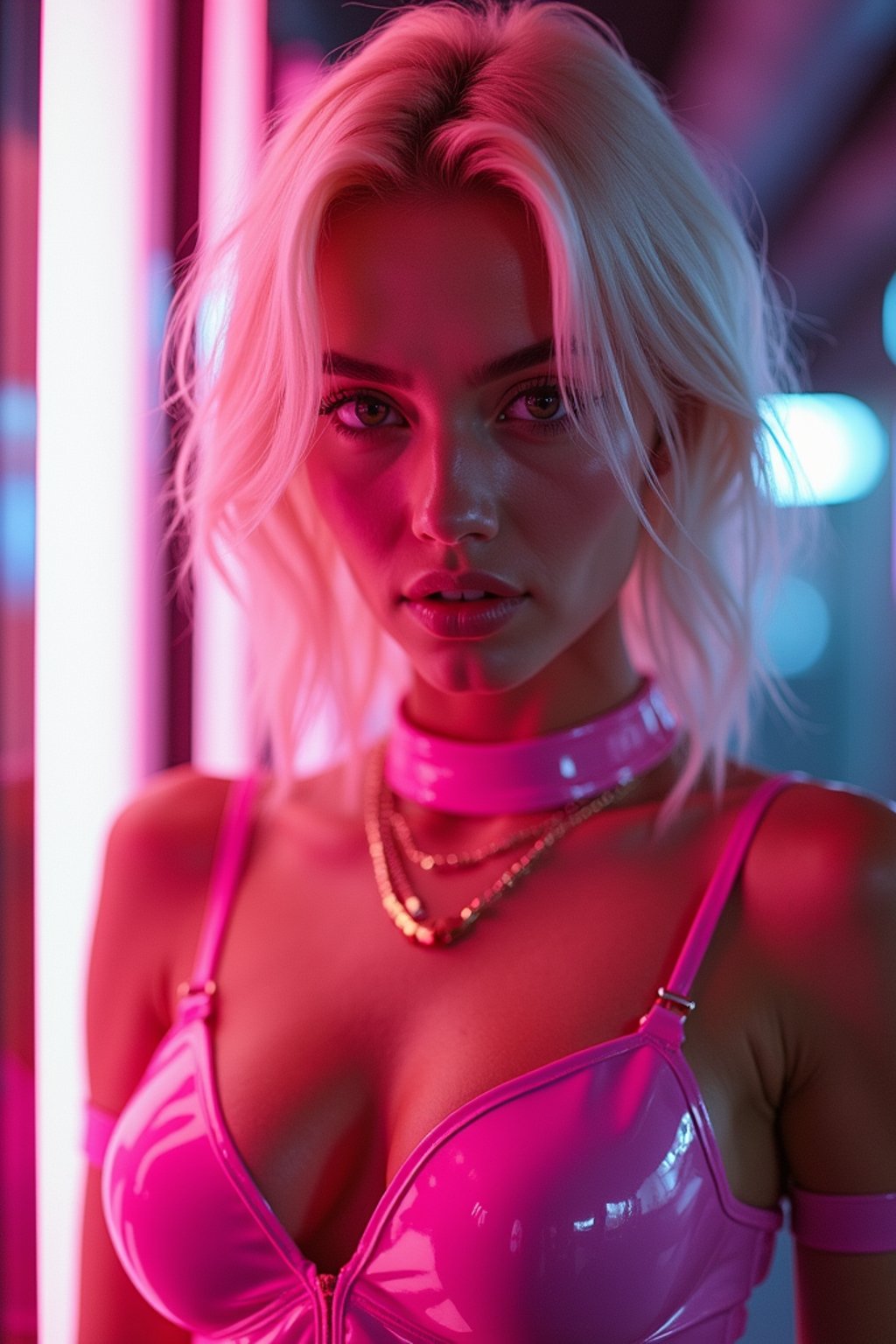 woman with platinum blonde hair, in neon bar, cyberpunk, pink latex crop top, professional award winning photography, beautiful detailed eyes, highly detailed glossy eyes, high detailed skin, skin pores