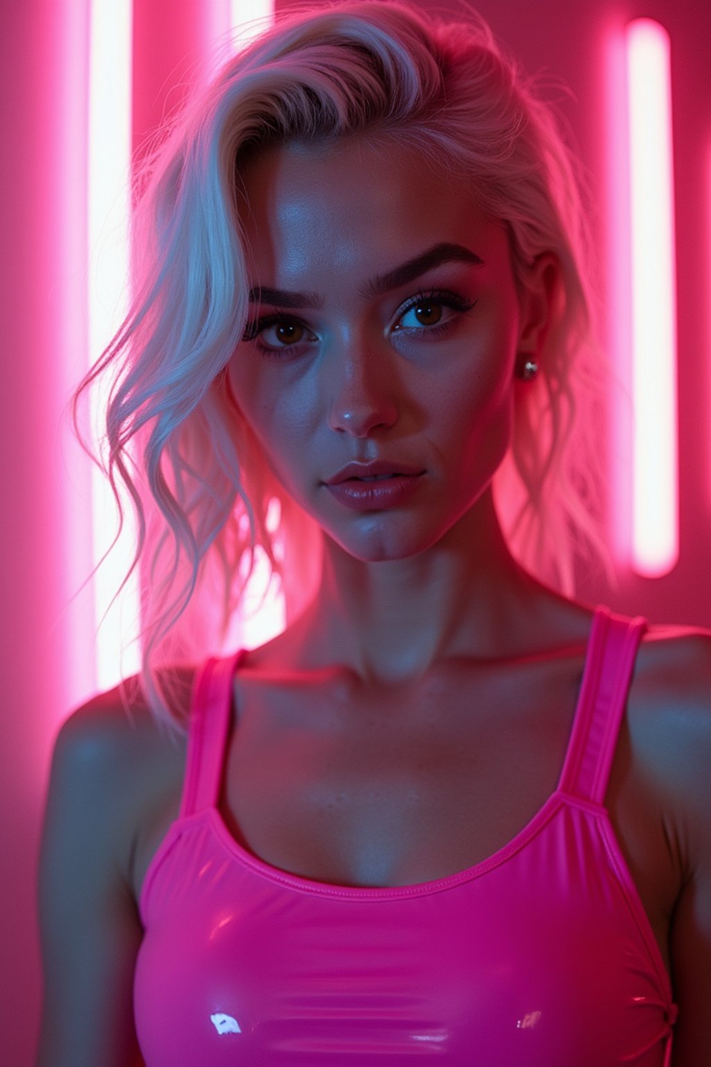 woman with platinum blonde hair, in neon bar, cyberpunk, pink latex crop top, professional award winning photography, beautiful detailed eyes, highly detailed glossy eyes, high detailed skin, skin pores