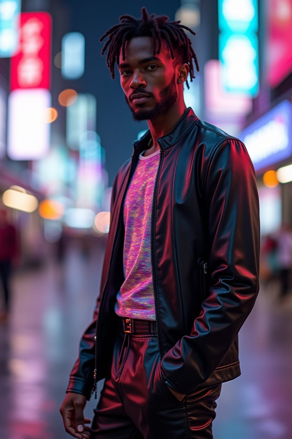 man wearing sleek leather pants with neon highlights and holographic top in a Bladerunner-inspired cityscape