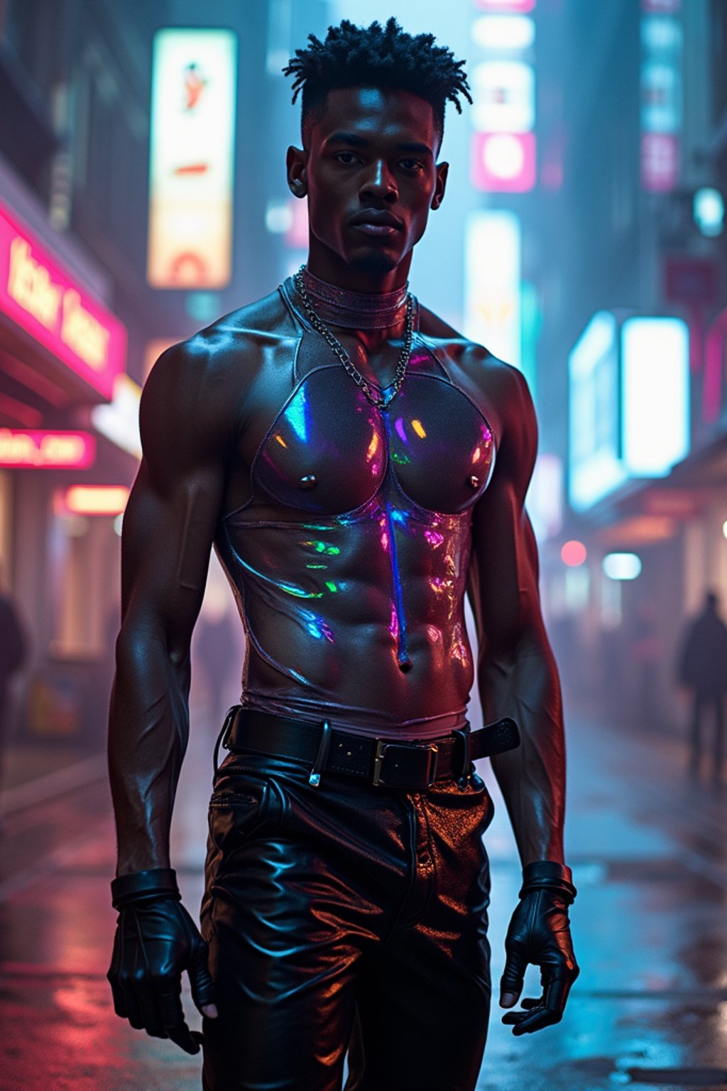 man wearing sleek leather pants with neon highlights and holographic top in a Bladerunner-inspired cityscape