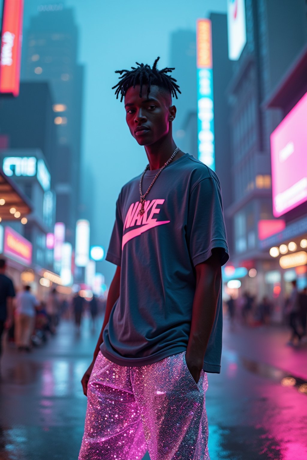 man wearing sporty neon  t-shirt and holographic joggers in a dystopian digital cityscape