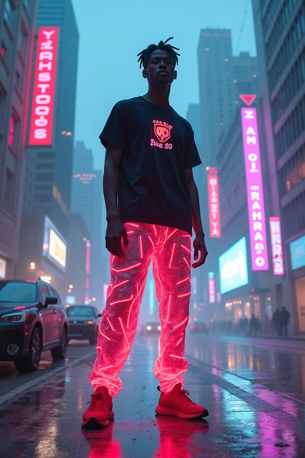 man wearing sporty neon  t-shirt and holographic joggers in a dystopian digital cityscape