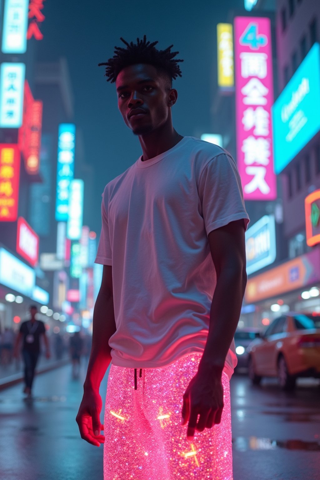 man wearing sporty neon  t-shirt and holographic joggers in a dystopian digital cityscape