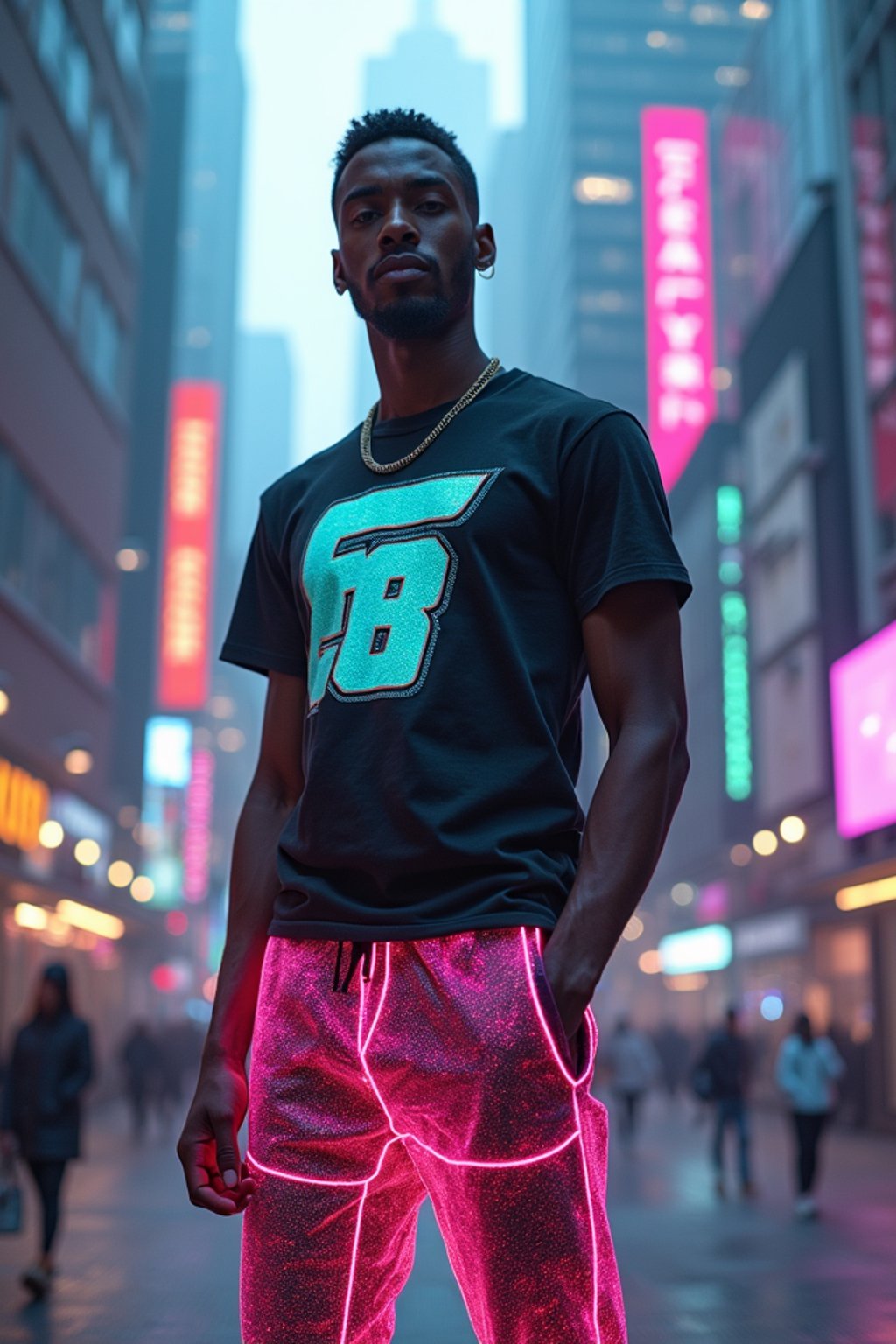 man wearing sporty neon  t-shirt and holographic joggers in a dystopian digital cityscape