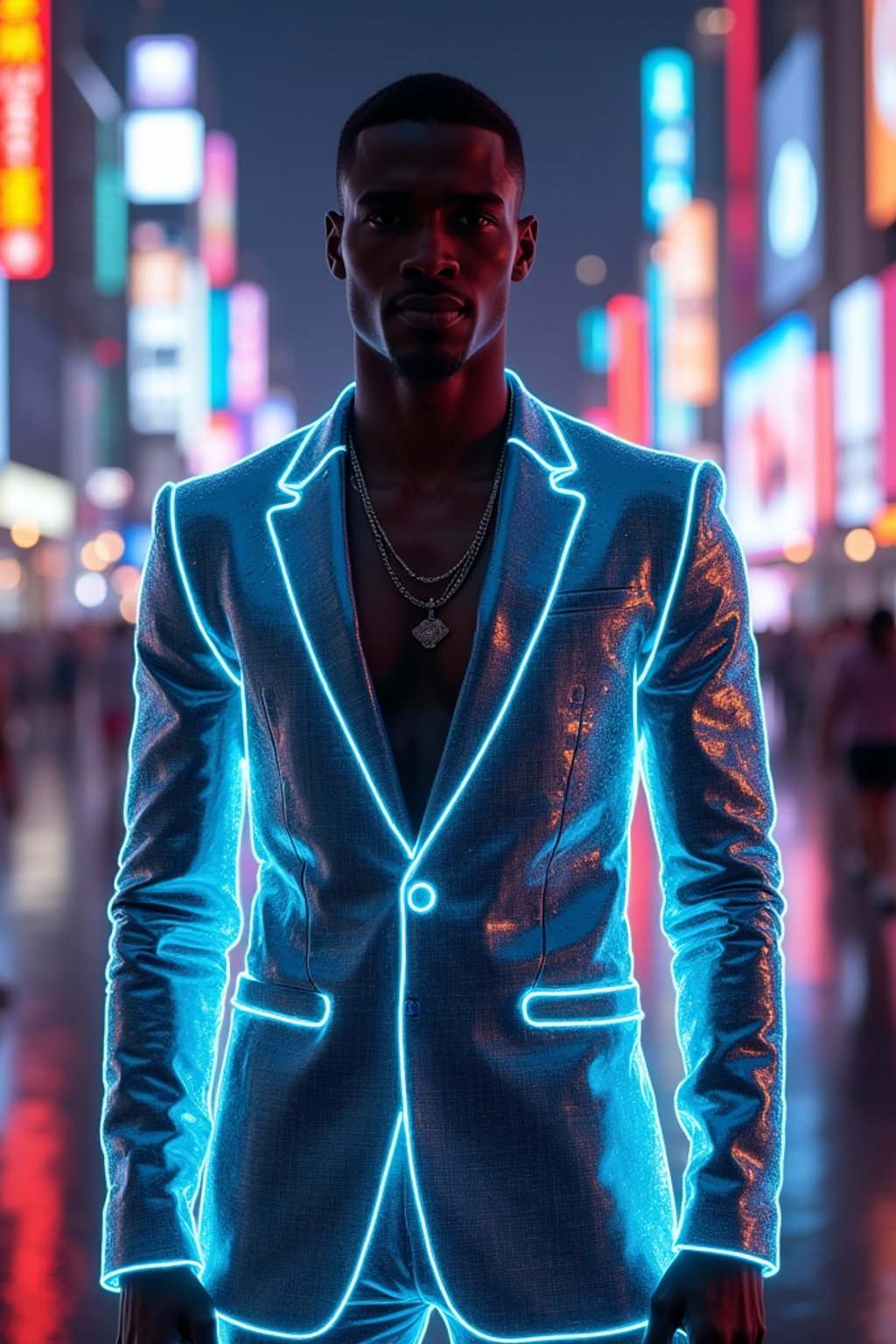 man wearing  holographic nightclub outfit in a cybernetic cityscape