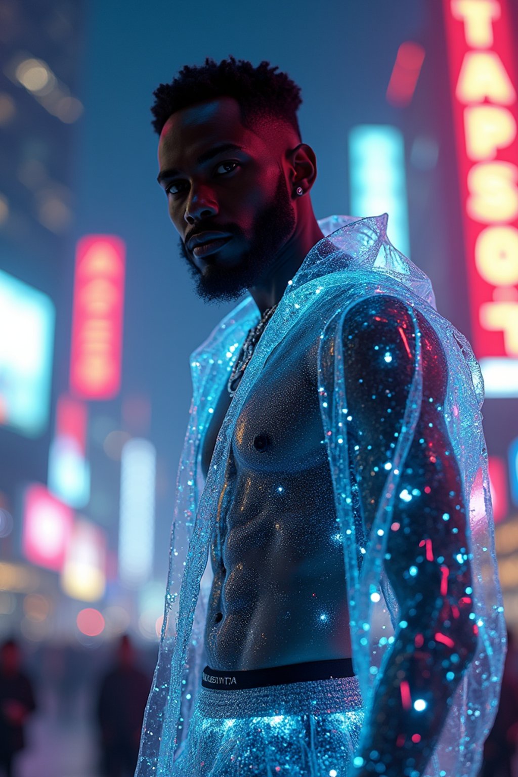 man wearing  holographic nightclub outfit in a cybernetic cityscape