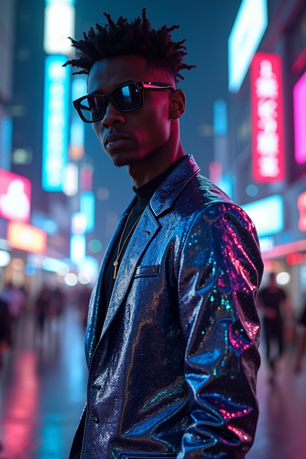 man wearing  holographic nightclub outfit in a cybernetic cityscape