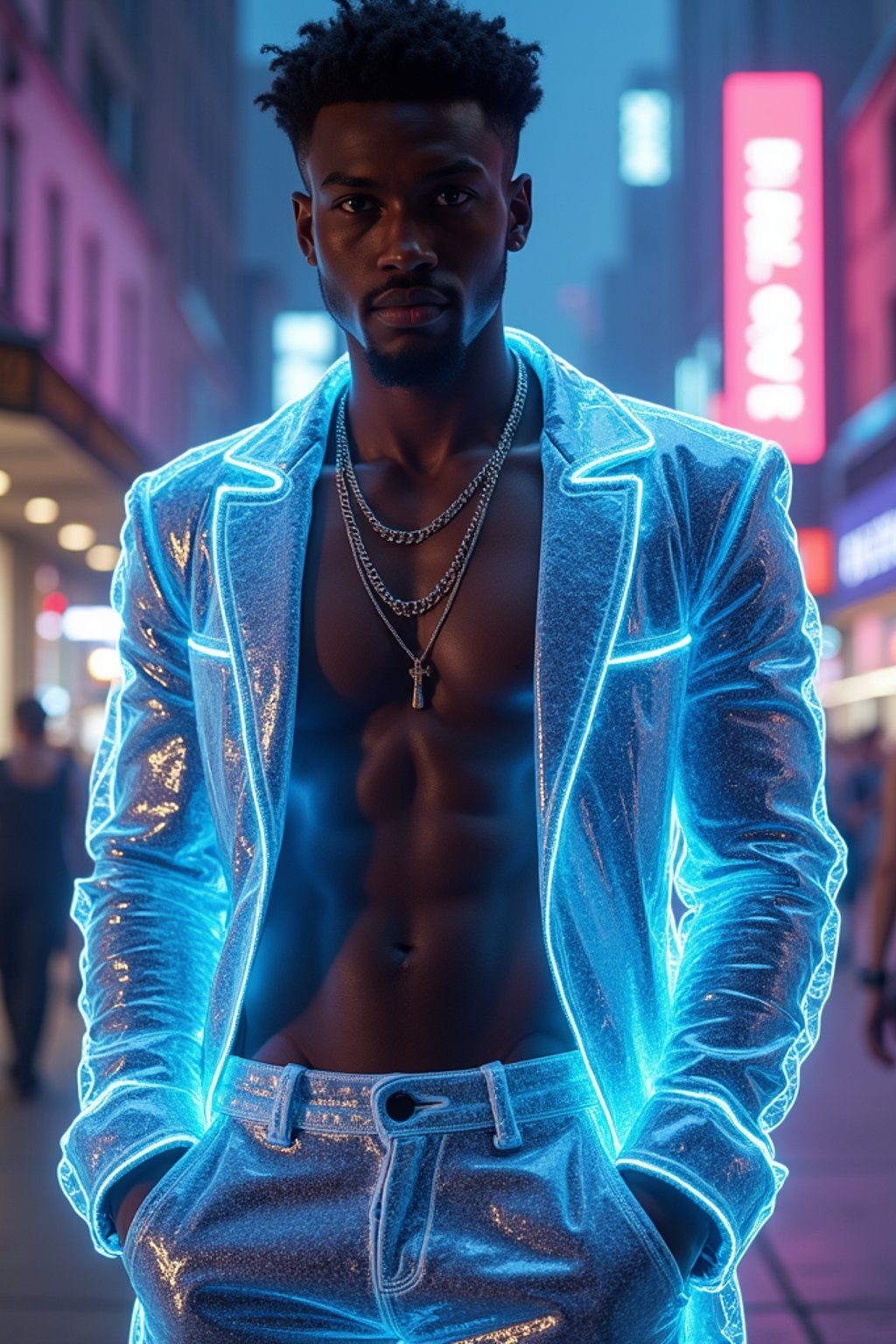 man wearing  holographic nightclub outfit in a cybernetic cityscape