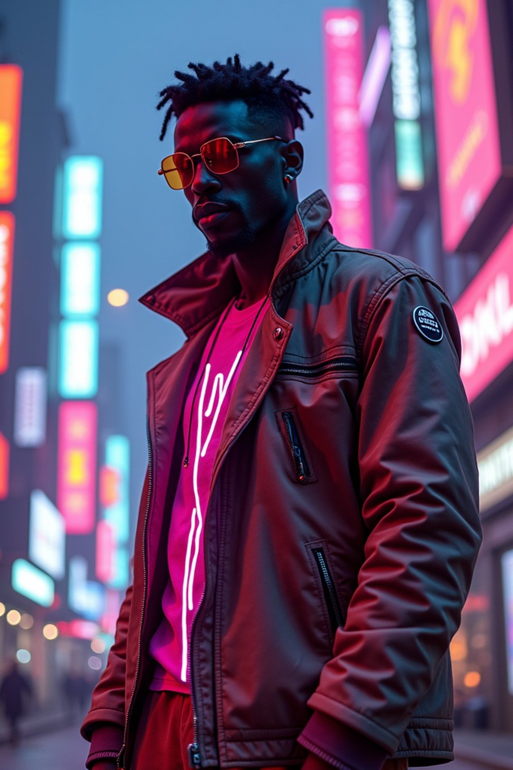 cyberpunk man with futuristic cyberpunk neon clothes standing in cyberpunk city with neon lights city on Mars in future, neon billboards, skyscrapers