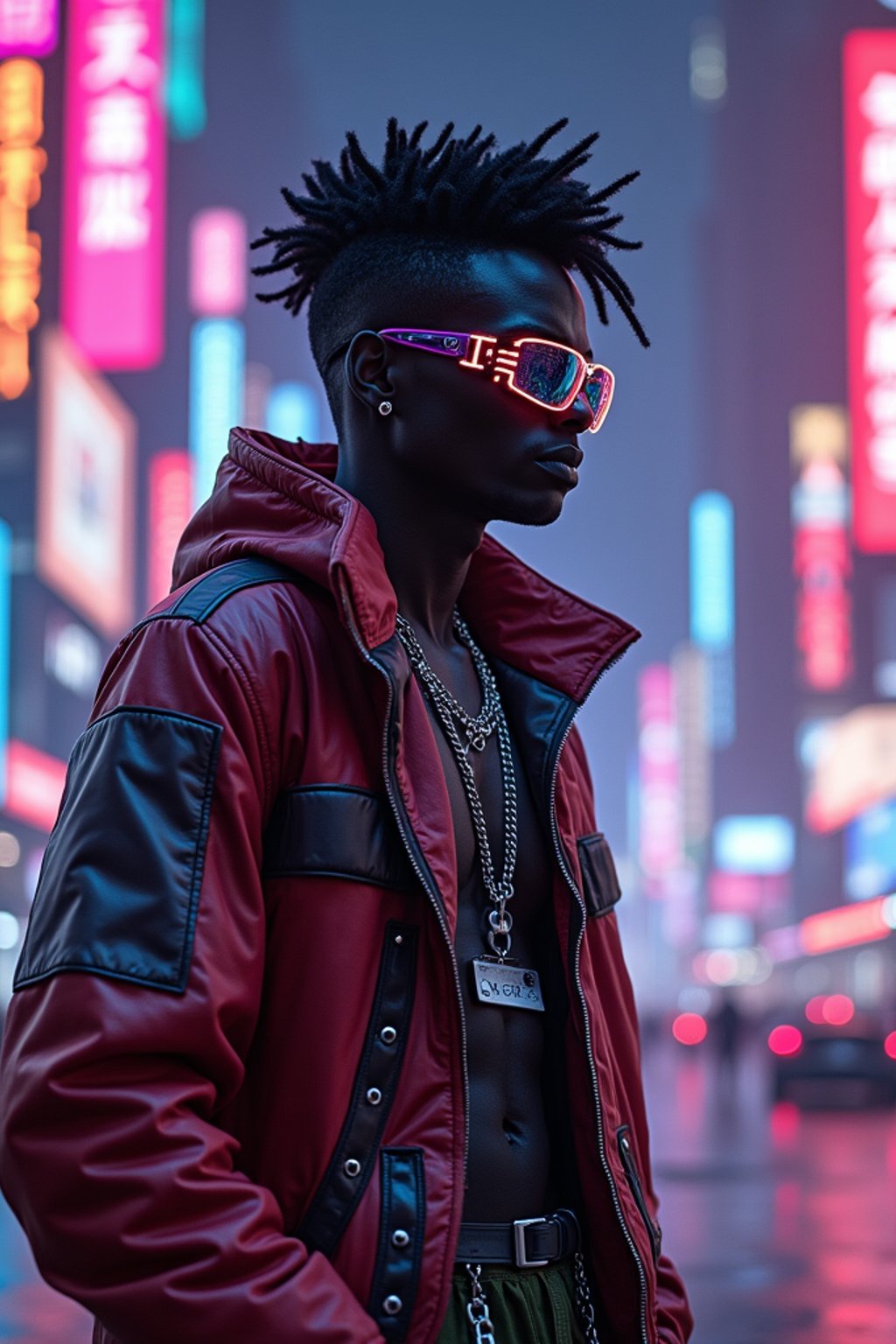 cyberpunk man with futuristic cyberpunk neon clothes standing in cyberpunk city with neon lights city on Mars in future, neon billboards, skyscrapers