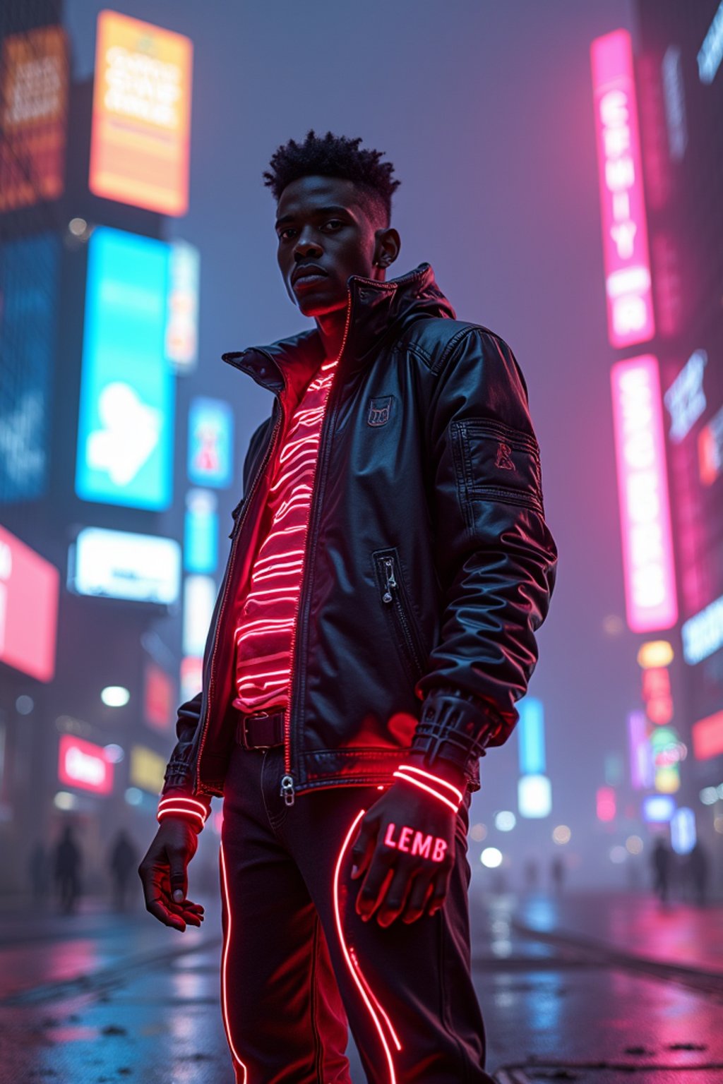 cyberpunk man with futuristic cyberpunk neon clothes standing in cyberpunk city with neon lights city on Mars in future, neon billboards, skyscrapers