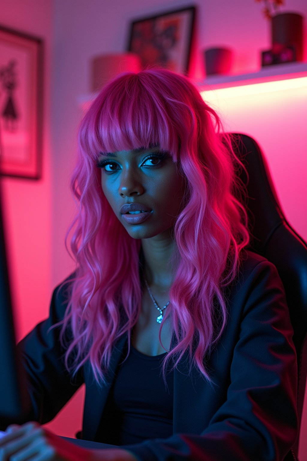 amazingly detailed man, masterpiece, ultra hd, full shot, dynamic angle, beautiful girl, computer gamer, gaming computer, gaming chair, playing cyberpunk 2077, neon bedroom, streamer setup, , cyberpunk theme, wild long hair, Wavy Cut with Curtain Bangs, bubblegum pink hair, high detail hair, smokey eye shadow, high detail skin, high detail eyes, seductive eyes, smokey makeup