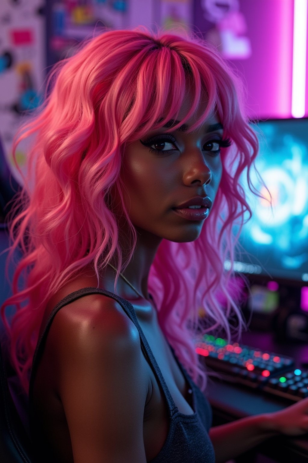 amazingly detailed man, masterpiece, ultra hd, full shot, dynamic angle, beautiful girl, computer gamer, gaming computer, gaming chair, playing cyberpunk 2077, neon bedroom, streamer setup, , cyberpunk theme, wild long hair, Wavy Cut with Curtain Bangs, bubblegum pink hair, high detail hair, smokey eye shadow, high detail skin, high detail eyes, seductive eyes, smokey makeup