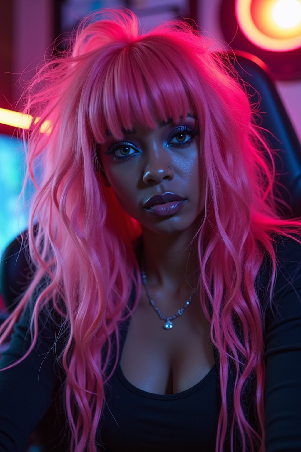 amazingly detailed man, masterpiece, ultra hd, full shot, dynamic angle, beautiful girl, computer gamer, gaming computer, gaming chair, playing cyberpunk 2077, neon bedroom, streamer setup, , cyberpunk theme, wild long hair, Wavy Cut with Curtain Bangs, bubblegum pink hair, high detail hair, smokey eye shadow, high detail skin, high detail eyes, seductive eyes, smokey makeup