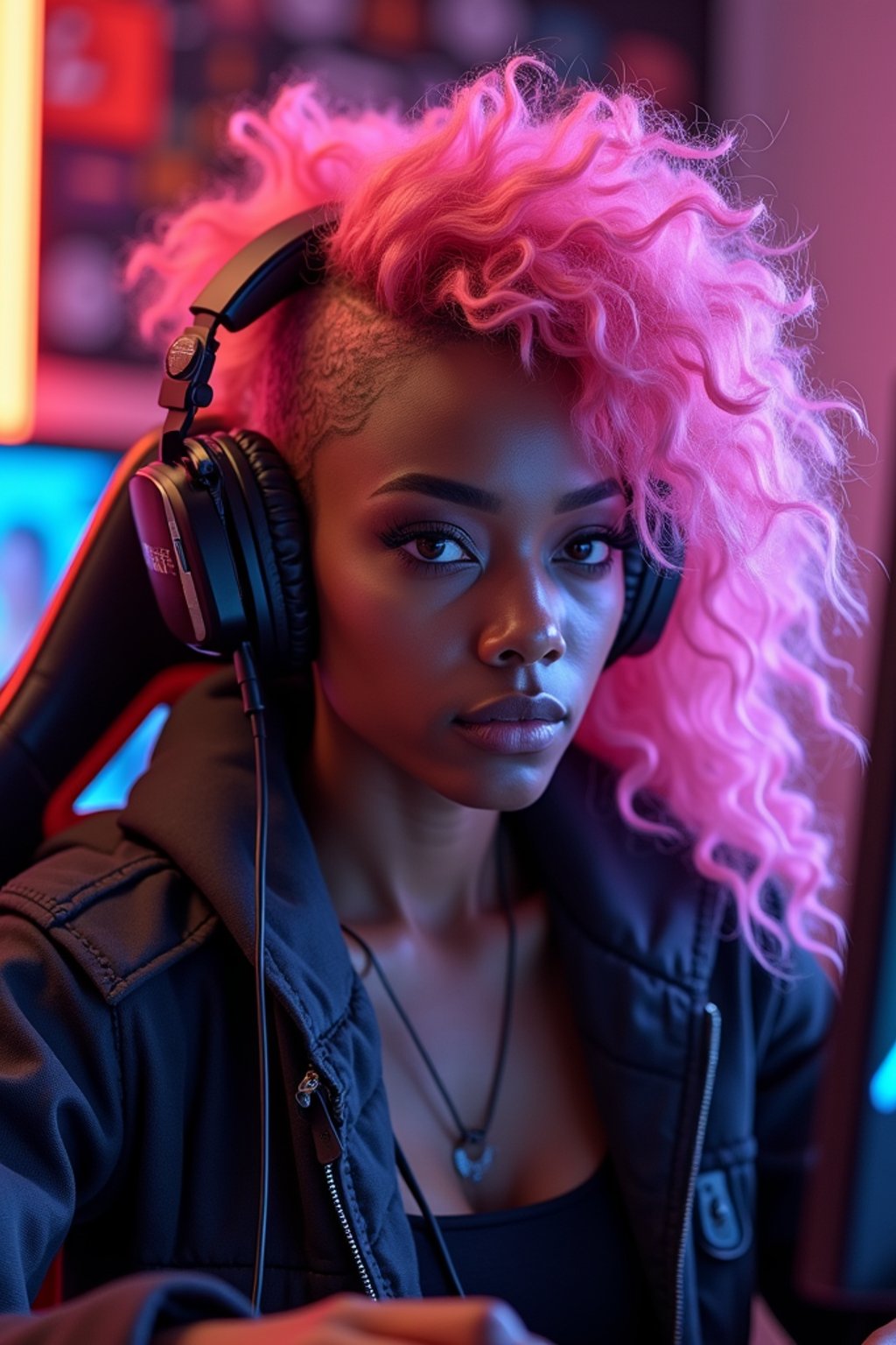 amazingly detailed man, masterpiece, ultra hd, full shot, dynamic angle, beautiful girl, computer gamer, gaming computer, gaming chair, playing cyberpunk 2077, neon bedroom, streamer setup, , cyberpunk theme, wild long hair, Wavy Cut with Curtain Bangs, bubblegum pink hair, high detail hair, smokey eye shadow, high detail skin, high detail eyes, seductive eyes, smokey makeup