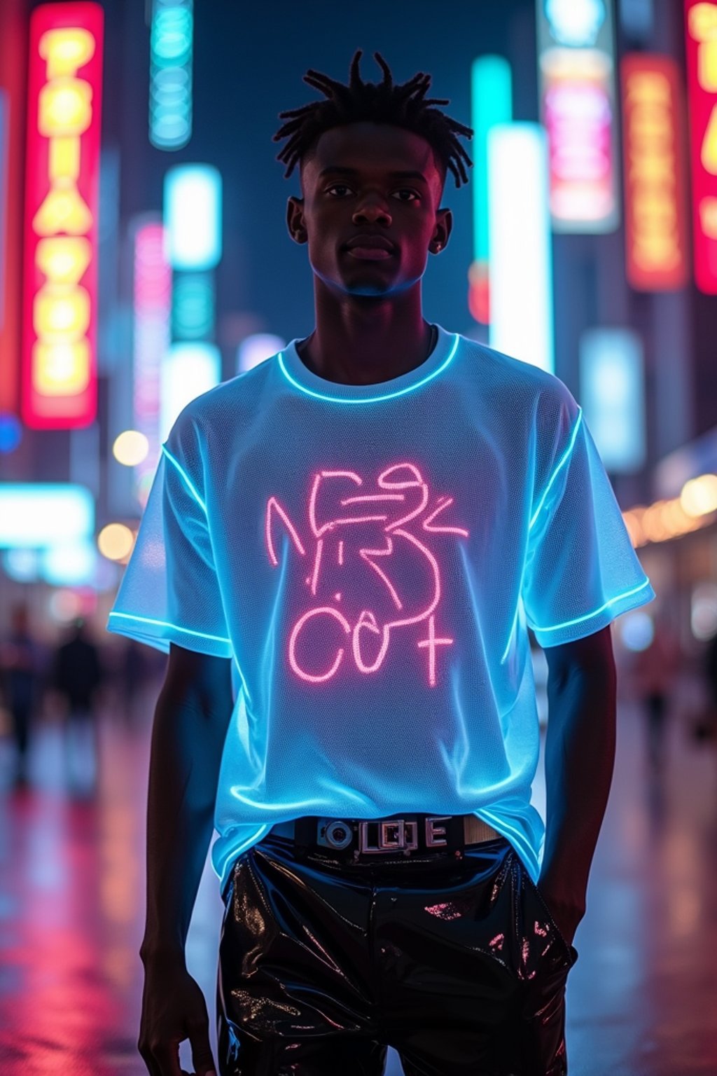 man wearing  holographic t-shirt and cybernetic trousers in a neon-lit Bladerunner-inspired cityscape