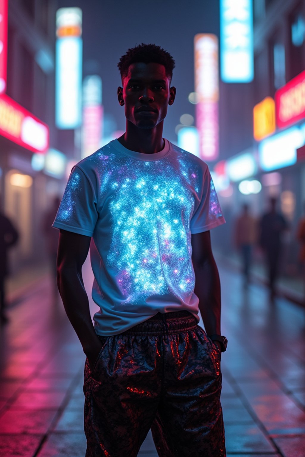 man wearing  holographic t-shirt and cybernetic trousers in a neon-lit Bladerunner-inspired cityscape