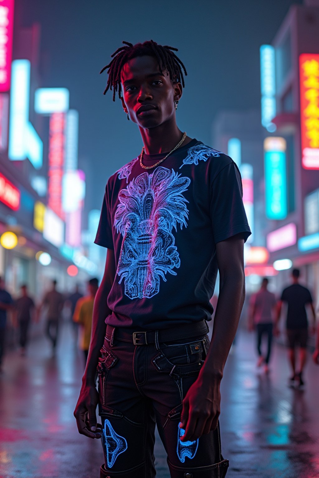 man wearing  holographic t-shirt and cybernetic trousers in a neon-lit Bladerunner-inspired cityscape