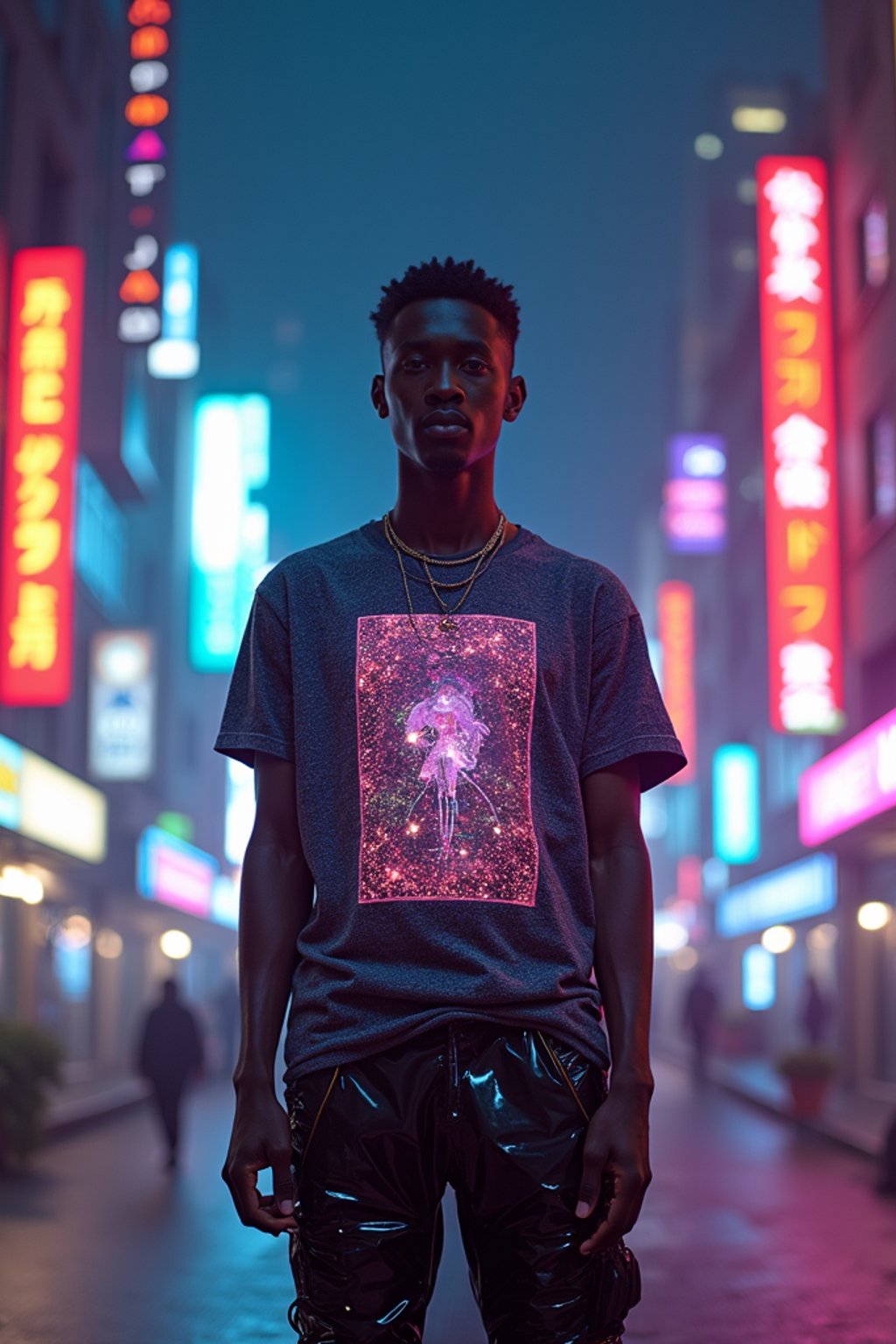 man wearing  holographic t-shirt and cybernetic trousers in a neon-lit Bladerunner-inspired cityscape