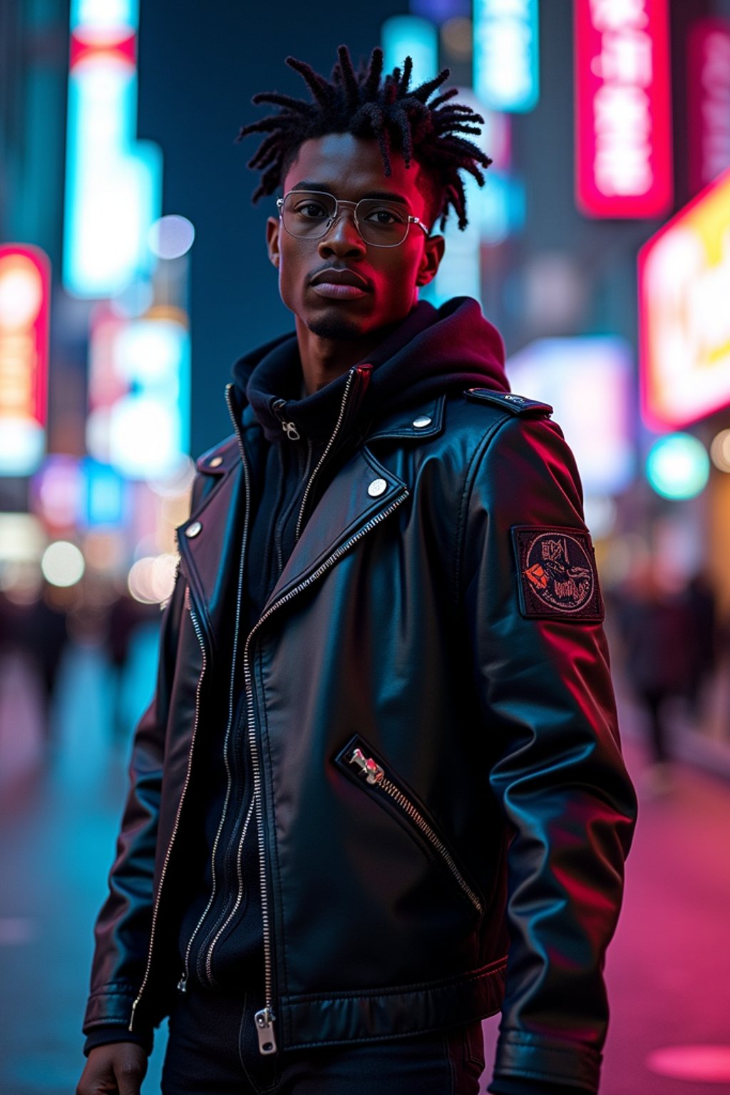 cosplayer man in a cyberpunk outfit, posing against the backdrop of bright city lights