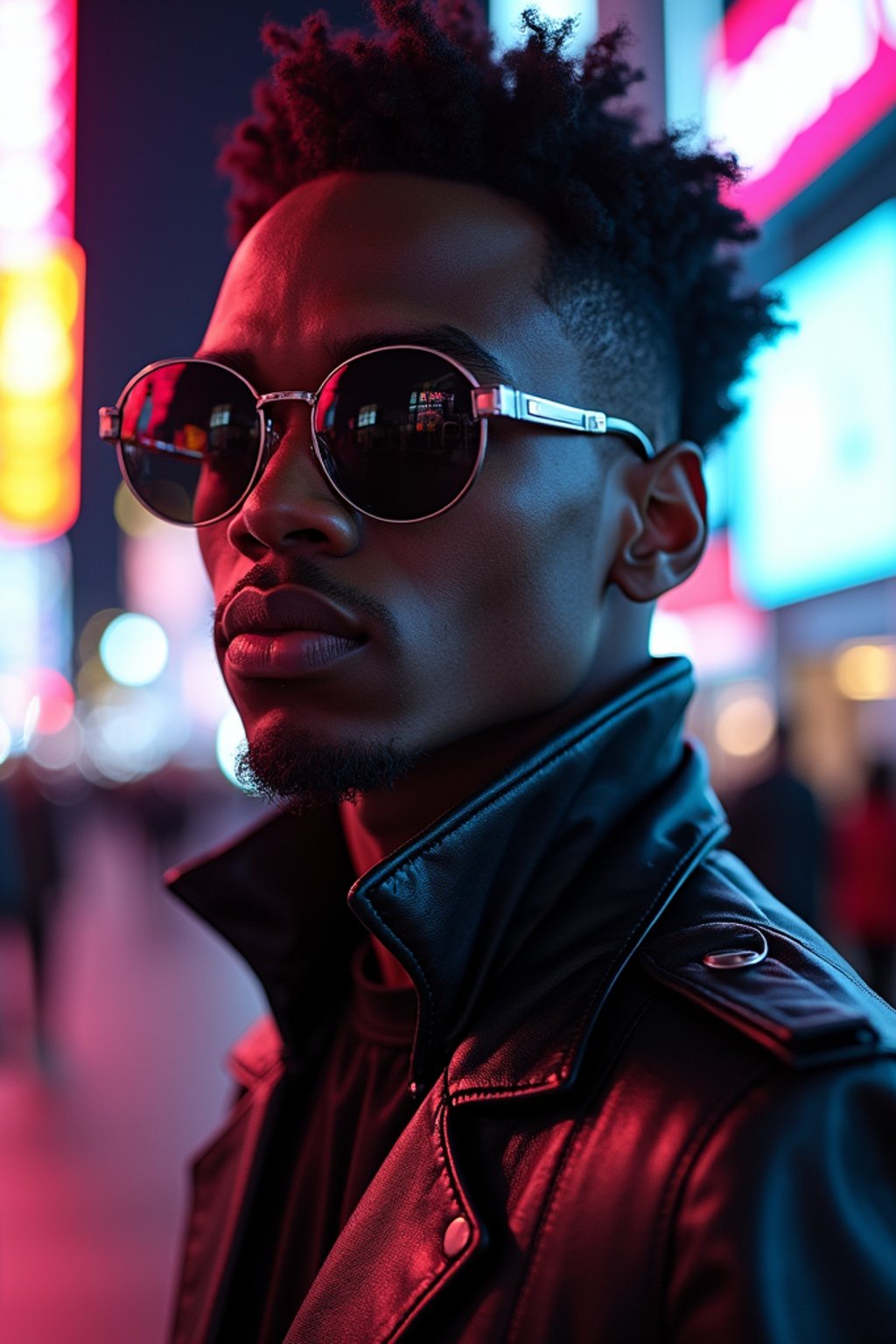 cosplayer man in a cyberpunk outfit, posing against the backdrop of bright city lights