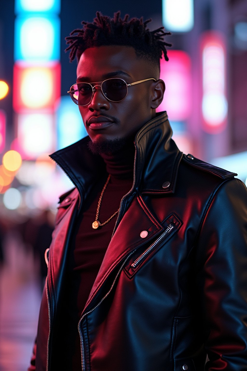 cosplayer man in a cyberpunk outfit, posing against the backdrop of bright city lights