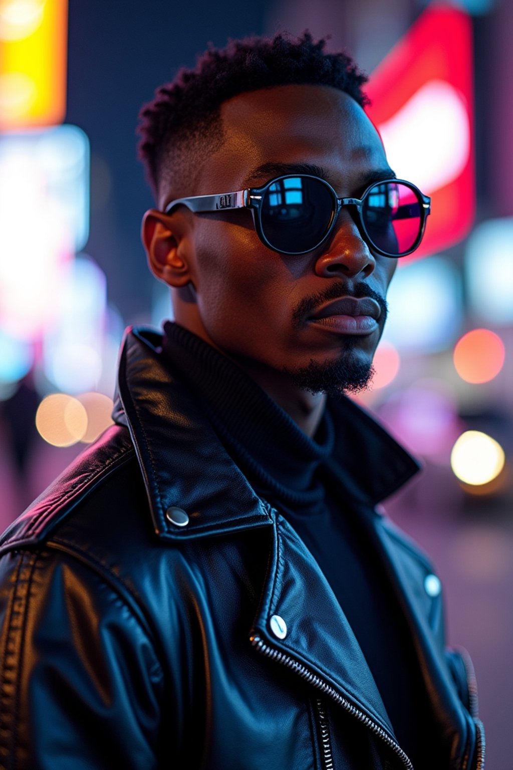 cosplayer man in a cyberpunk outfit, posing against the backdrop of bright city lights