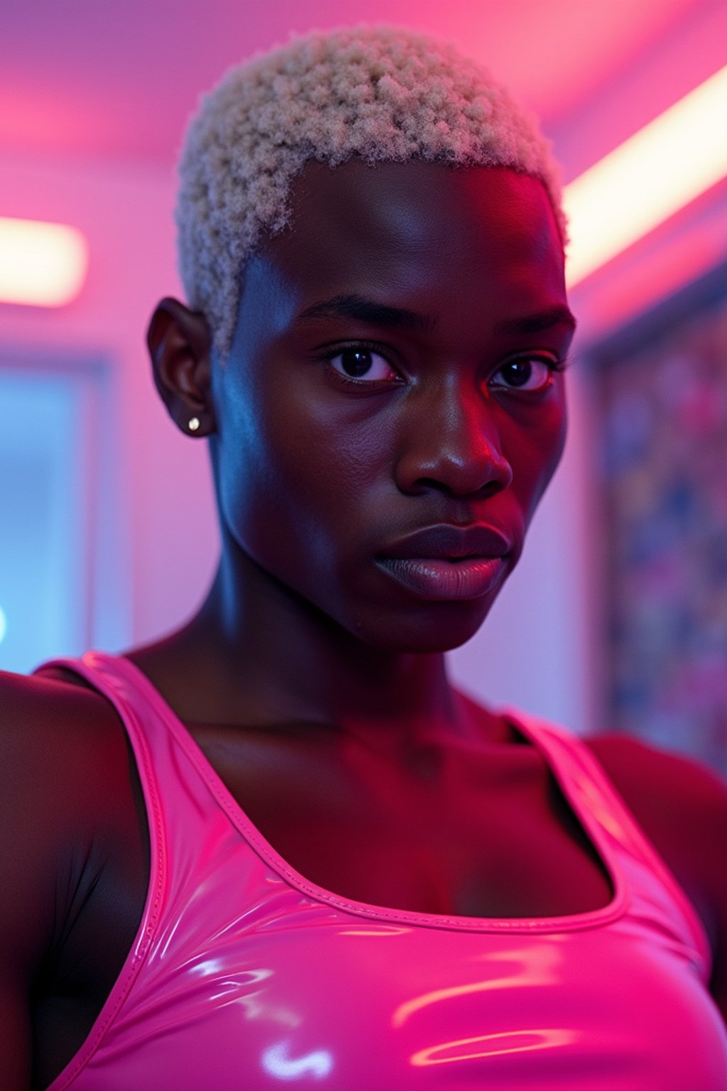 man with platinum blonde hair, in neon bar, cyberpunk, pink latex crop top, professional award winning photography, beautiful detailed eyes, highly detailed glossy eyes, high detailed skin, skin pores