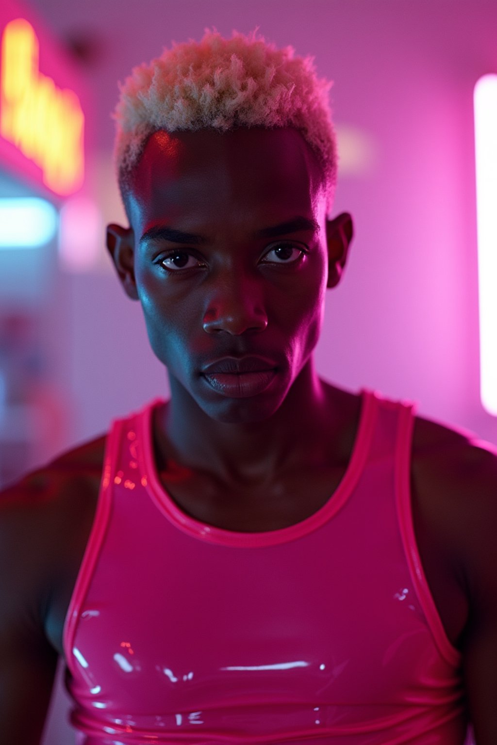 man with platinum blonde hair, in neon bar, cyberpunk, pink latex crop top, professional award winning photography, beautiful detailed eyes, highly detailed glossy eyes, high detailed skin, skin pores