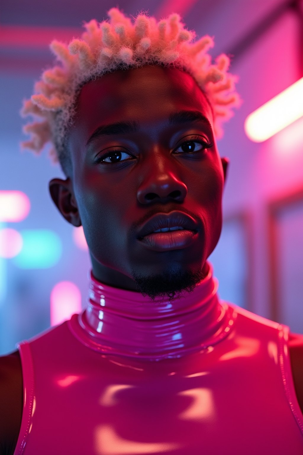 man with platinum blonde hair, in neon bar, cyberpunk, pink latex crop top, professional award winning photography, beautiful detailed eyes, highly detailed glossy eyes, high detailed skin, skin pores