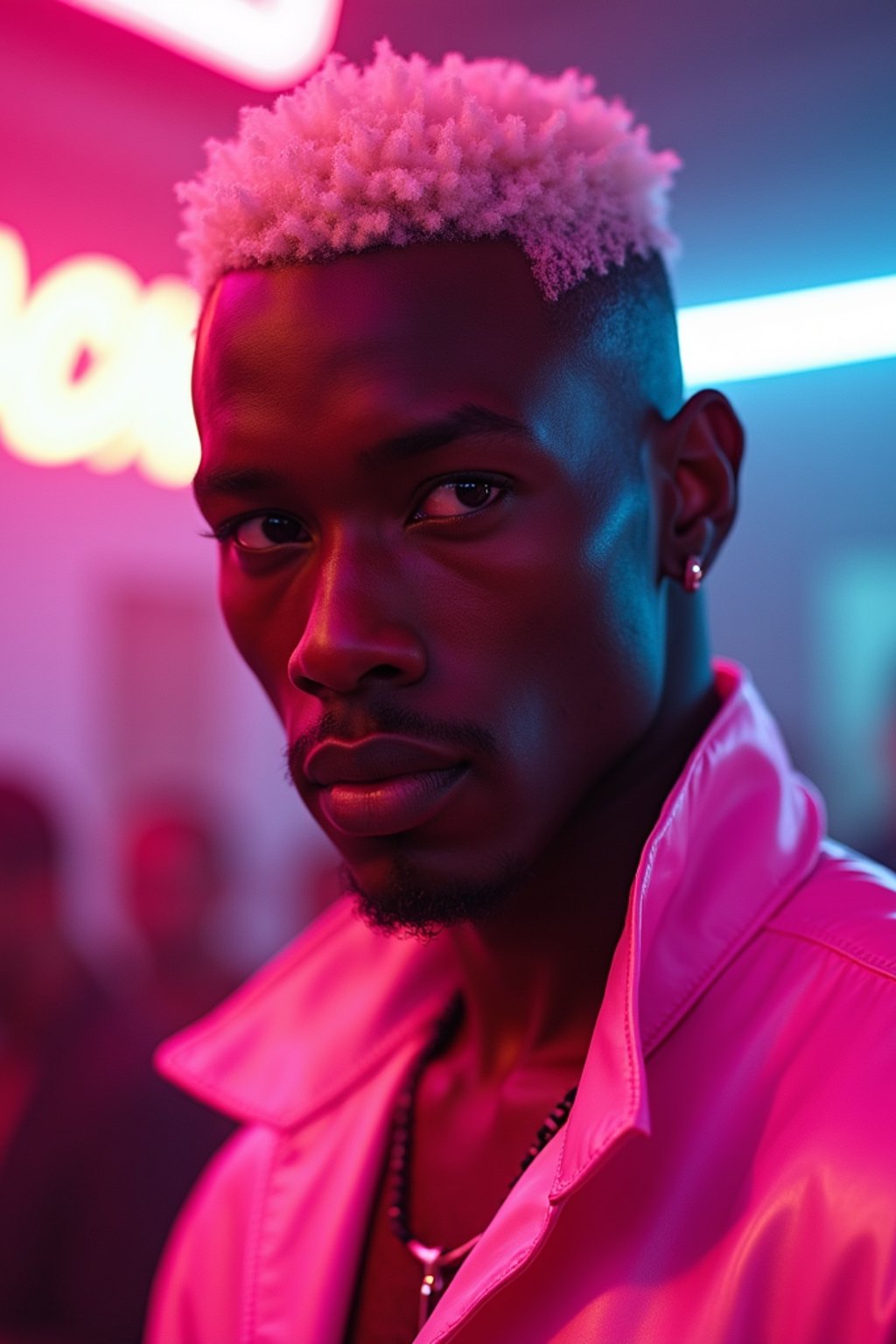 man with platinum blonde hair, in neon bar, cyberpunk, pink latex crop top, professional award winning photography, beautiful detailed eyes, highly detailed glossy eyes, high detailed skin, skin pores