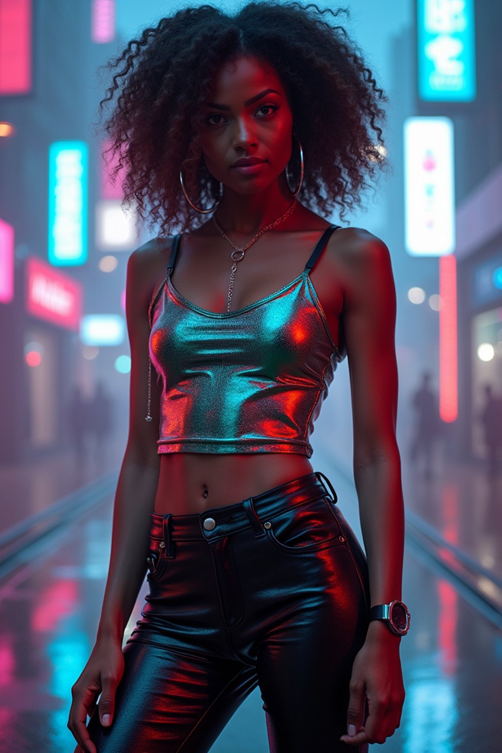 woman wearing sleek leather pants with neon highlights and holographic top in a Bladerunner-inspired cityscape