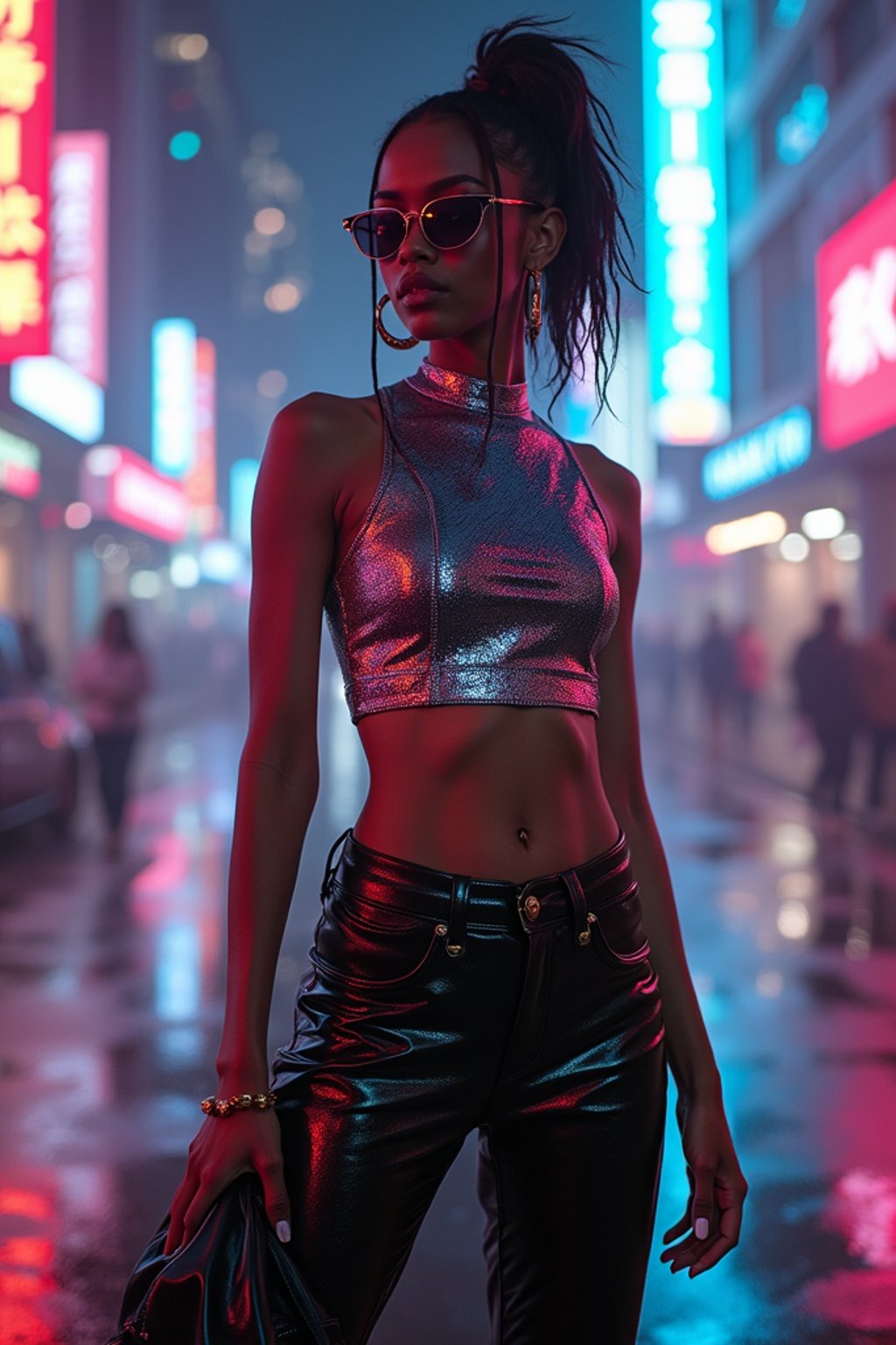 woman wearing sleek leather pants with neon highlights and holographic top in a Bladerunner-inspired cityscape