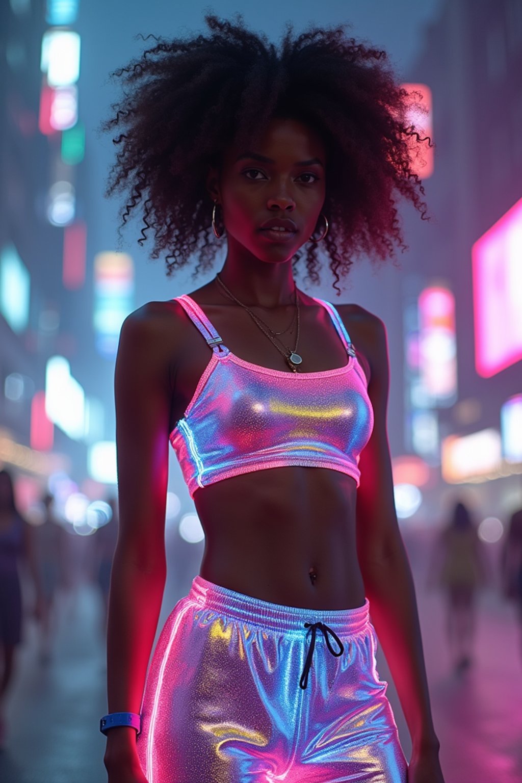 woman wearing sporty neon crop top  and holographic joggers in a dystopian digital cityscape