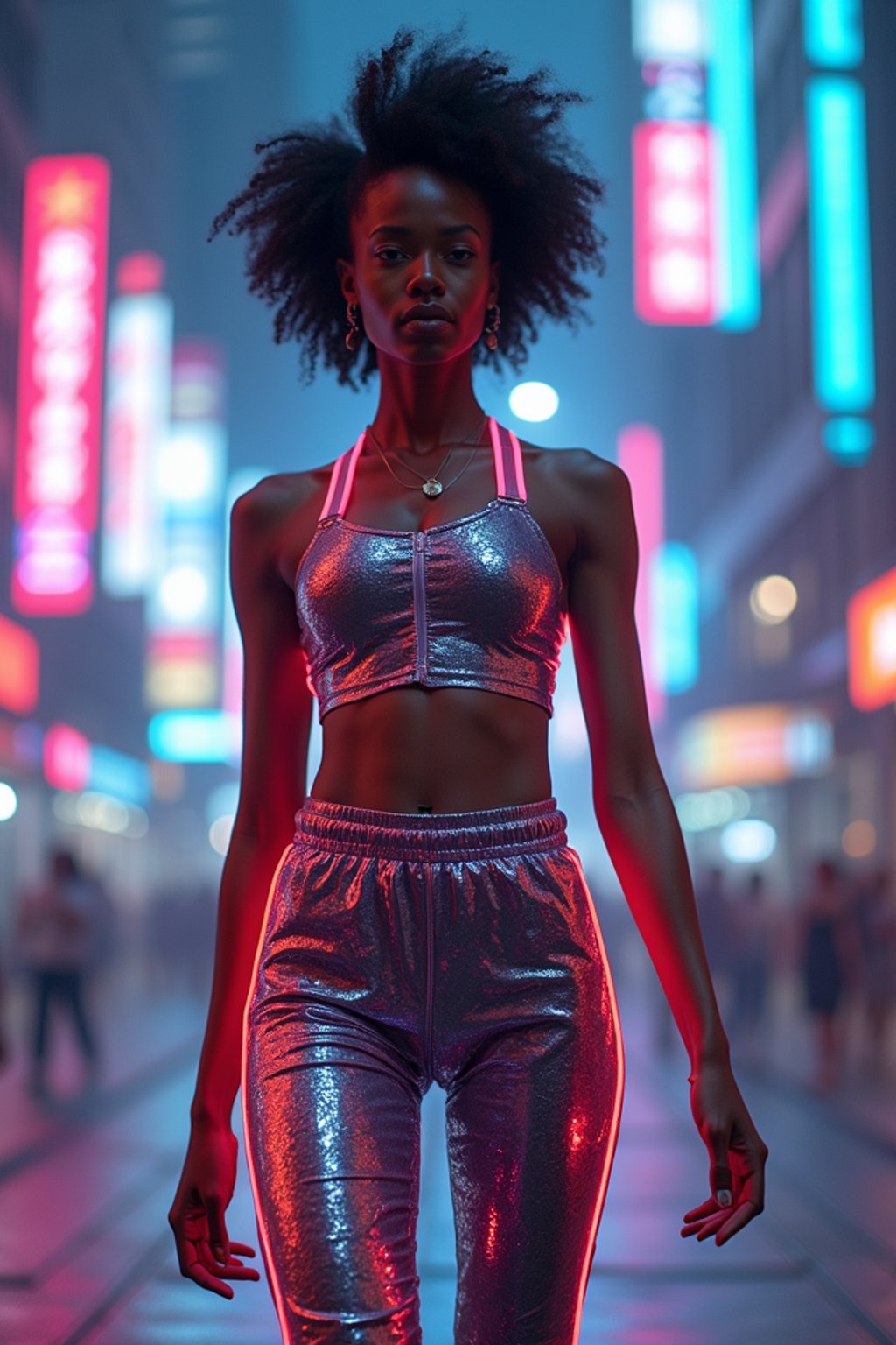 woman wearing sporty neon crop top  and holographic joggers in a dystopian digital cityscape