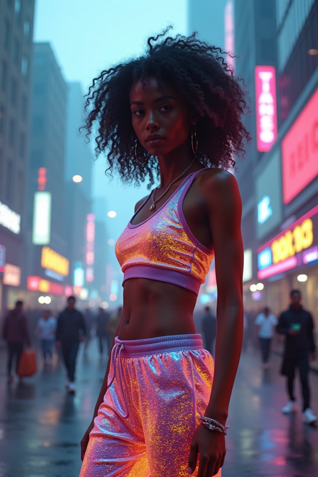 woman wearing sporty neon crop top  and holographic joggers in a dystopian digital cityscape