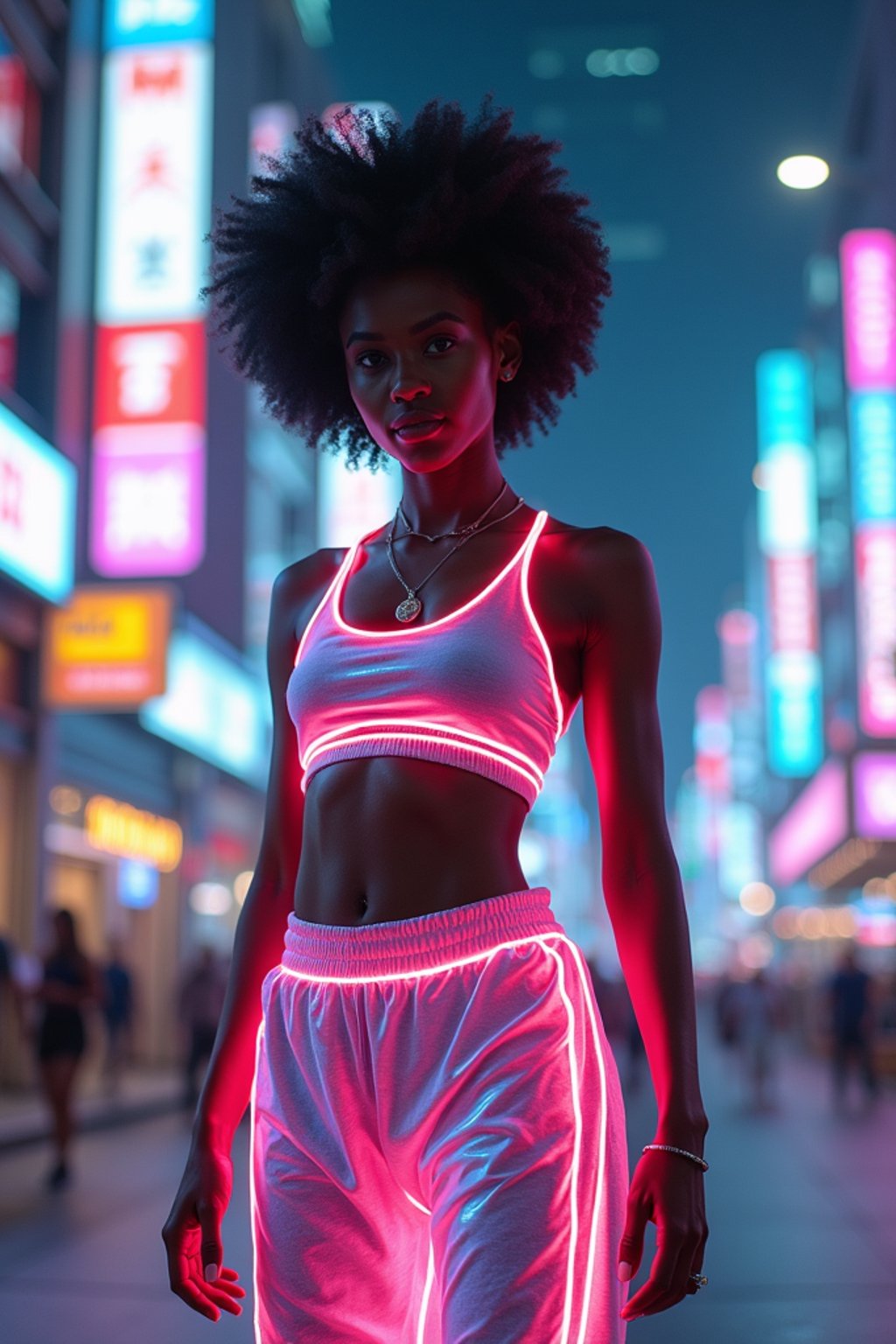 woman wearing sporty neon crop top  and holographic joggers in a dystopian digital cityscape