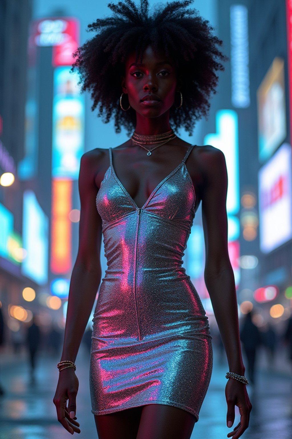 woman wearing holographic bodycon dress  in a cybernetic cityscape