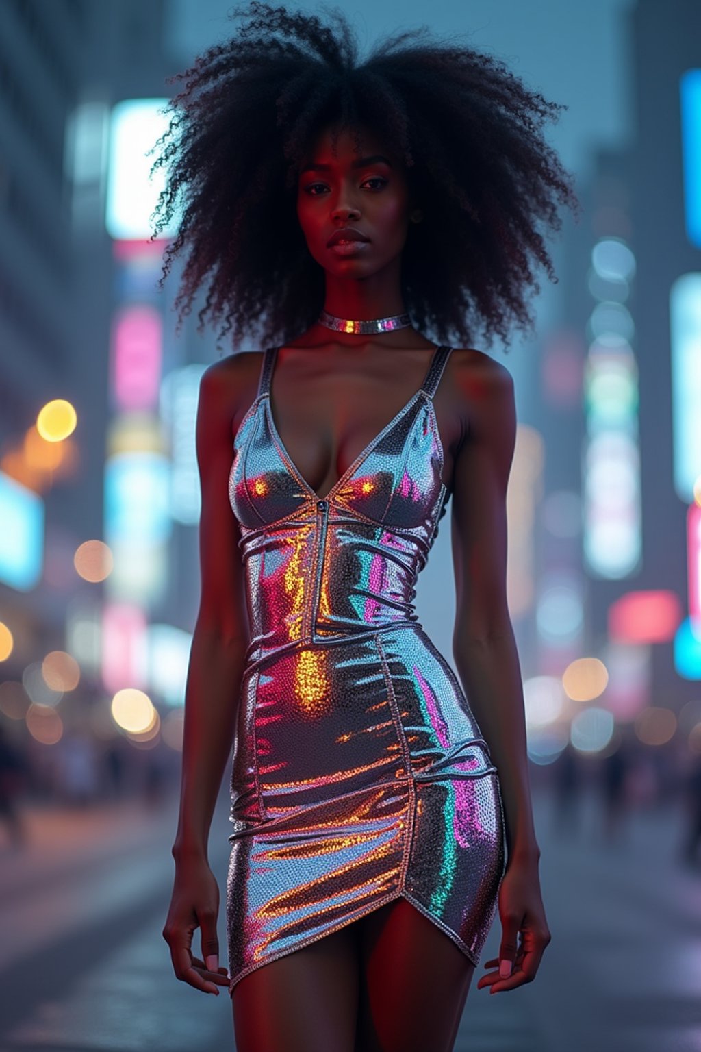 woman wearing holographic bodycon dress  in a cybernetic cityscape