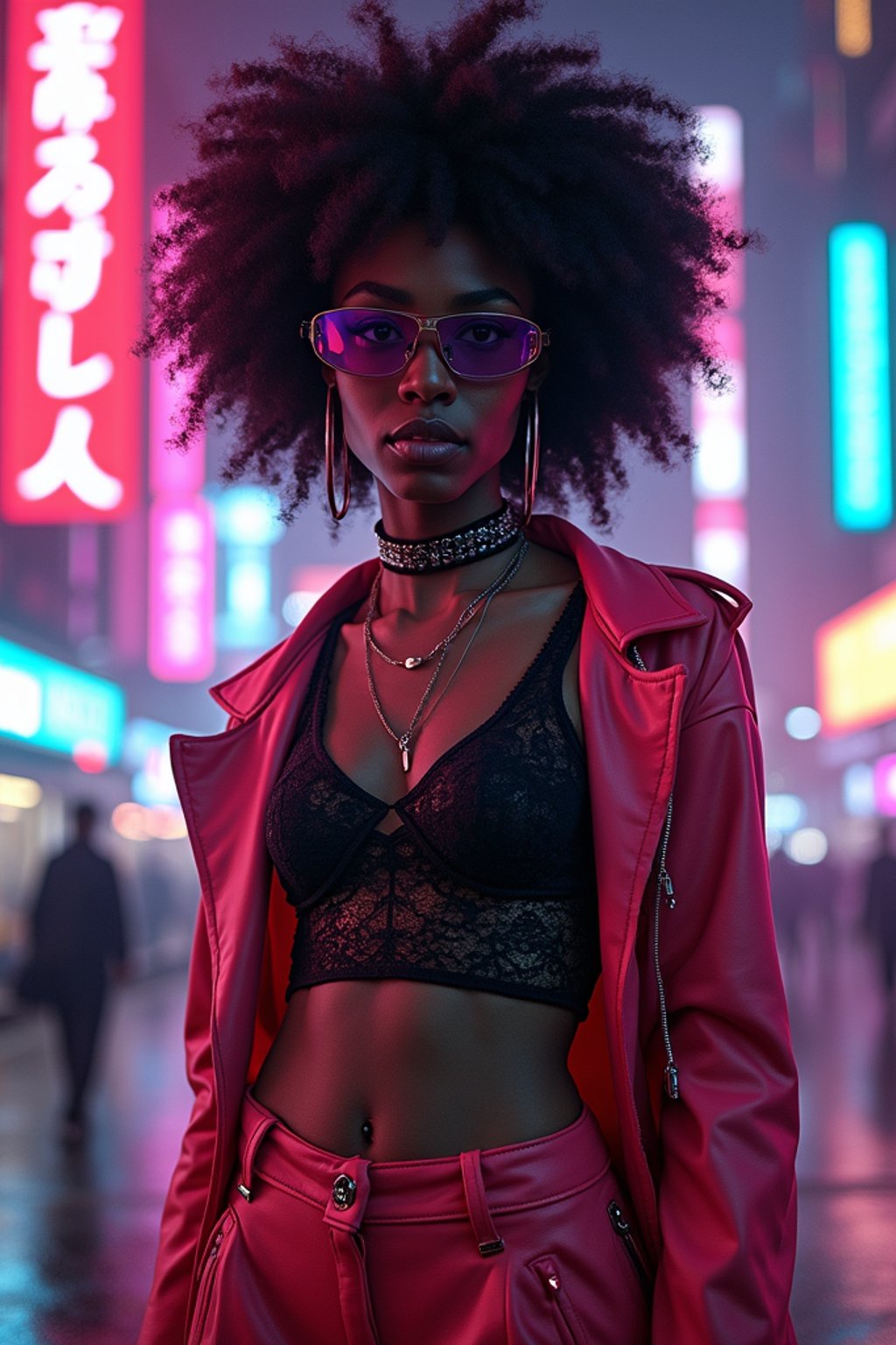 cyberpunk woman with futuristic cyberpunk neon clothes standing in cyberpunk city with neon lights city on Mars in future, neon billboards, skyscrapers