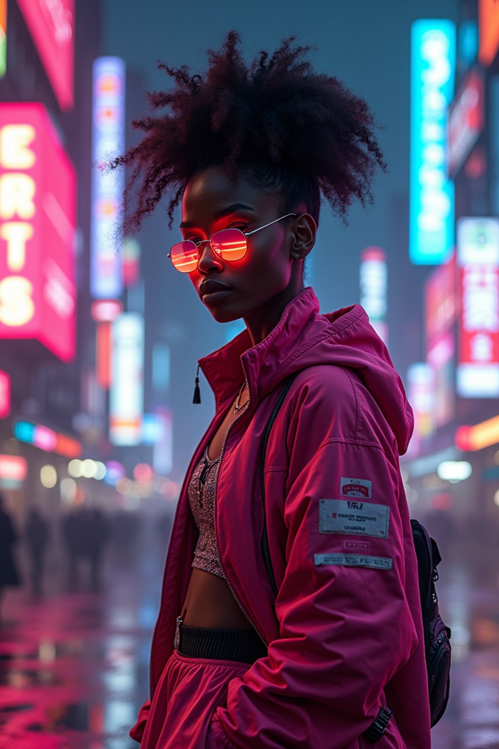 cyberpunk woman with futuristic cyberpunk neon clothes standing in cyberpunk city with neon lights city on Mars in future, neon billboards, skyscrapers